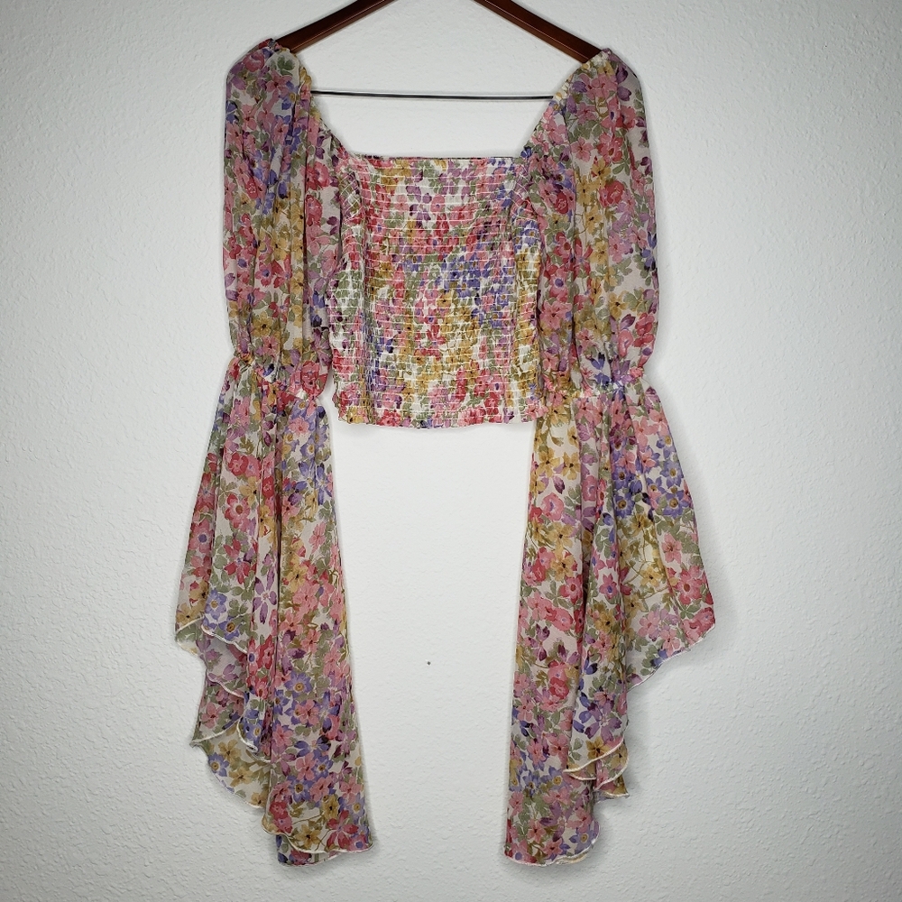 Live 4 Truth Sheer Bell Sleeves Floral Bohemian Crop Top Size S Festival Beachy